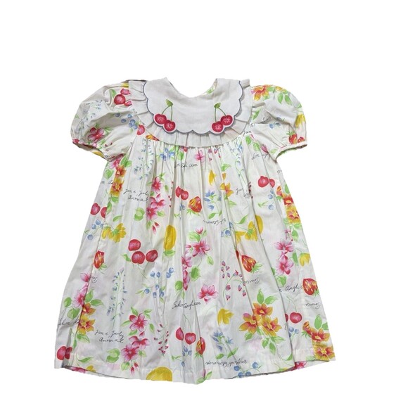 Kids Count Other - Vintage Girls Smocked Cherries White Floral Dress Peter Pan Sz 6x Easter Spring